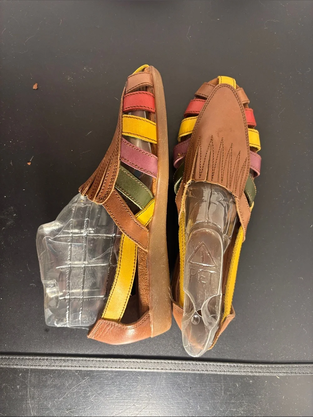 Boss Men's Brown Leather Sandals with Yellow, Red, Green, and Purple Straps